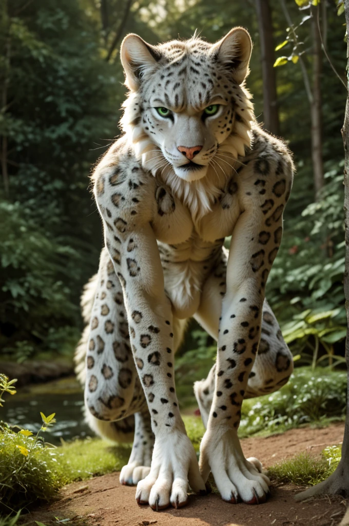 score_9, score_8_up, score_7_up, score_6_up, detailed background, full body, anthro male snow leopard, stands upright and straight, front view, angry look, detailed fur, solo, high quality, furred body, fluffy, green eyes, looks at the viewer, strong pattern all over the body, summer meadow in the forest garden, highly detailed, realistic fur, photorealism, photorealistic, fighter, realistc male genitalia 
