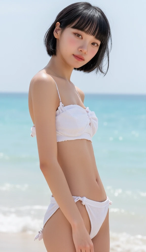 Japanese、plain swimsuit、beautiful girl、14 years old、flat chest、Ocean、Short layered hair、