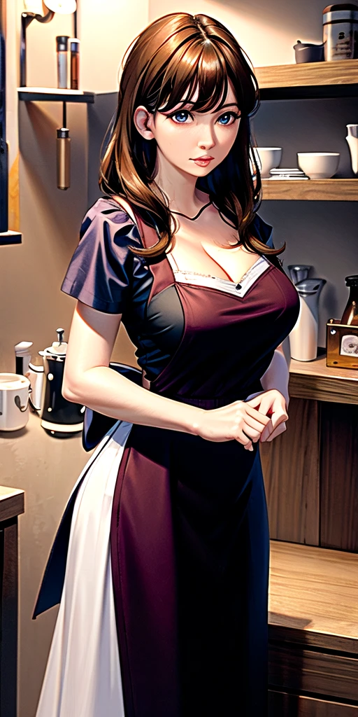 gorgeous blacksmith, leather apron, flour on face, full breasts, skirt, brown hair in a braid, anvil, smithy