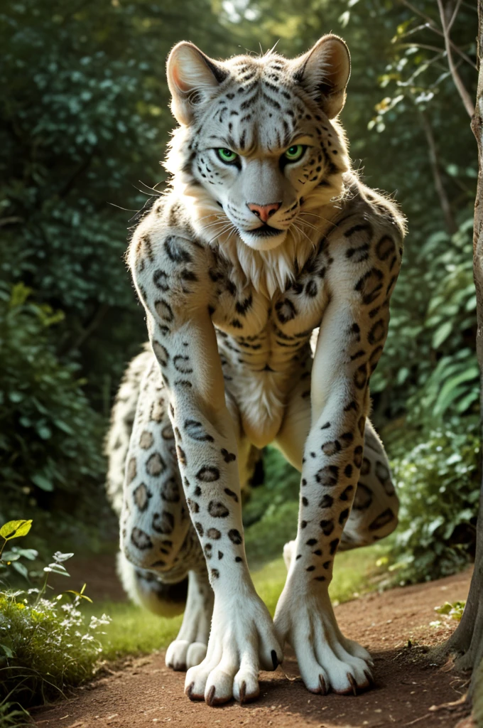 score_9, score_8_up, score_7_up, score_6_up, detailed background, full body, anthro male snow leopard, stands upright and straight, front view, angry look, detailed fur, solo, high quality, furred body, fluffy, green eyes, looks at the viewer, strong pattern all over the body, summer meadow in the forest garden, highly detailed, realistic fur, photorealism, photorealistic, fighter, realistc male genitalia 
