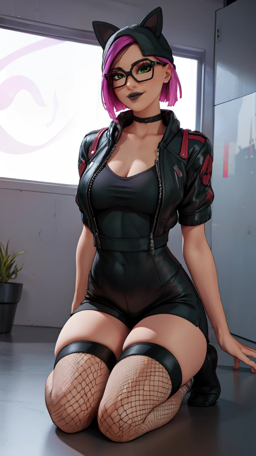 work of art, A beautiful girl, shiny pink eyes, big fit ass leg thighs, waist long, big fit ass , Legs long, black jacket with spikes, microbiquini, black jeans with chains, glitters and effects, black gloves without fingertips, vred, Waist slender, short abdomen, return to viewer, photo from bottom to top