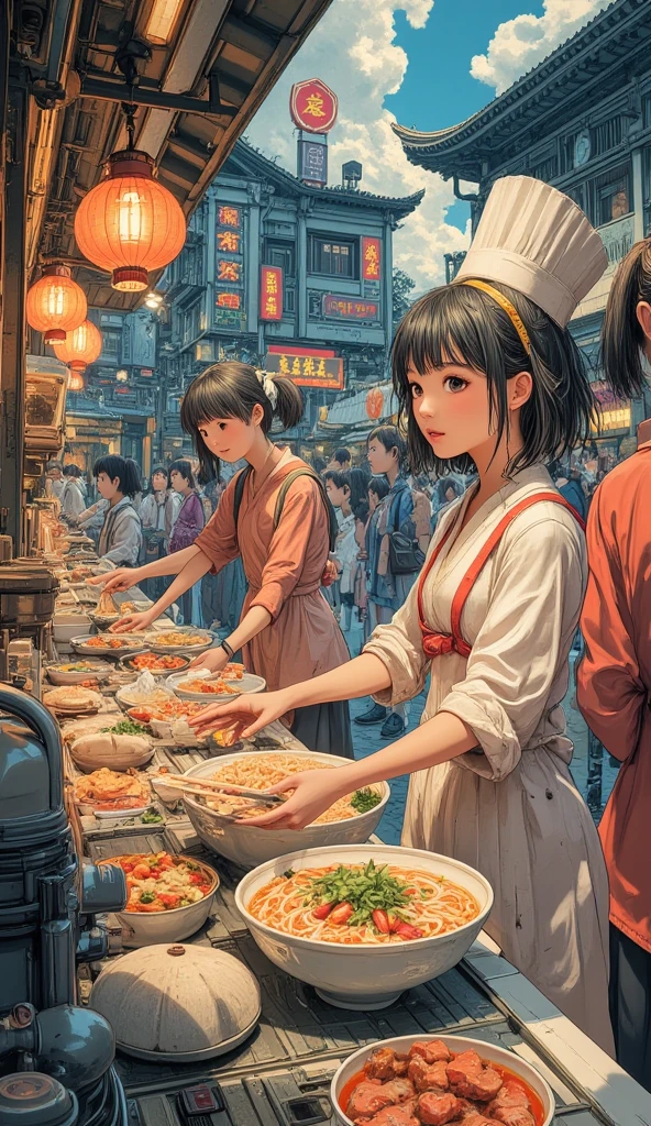 (masterpiece, high quality, HD, 4K, 8k, detail), Chinese food stall, stall owner (attractive woman) handing noodle bowls to customers from stall counter, bright stall lights, people sitting and eating steamed buns from noodle stall, stall lights make everyone smile, eating deliciously,(anatomically correct body, hands, fingers), nostalgic scenery, bustling night stall street,