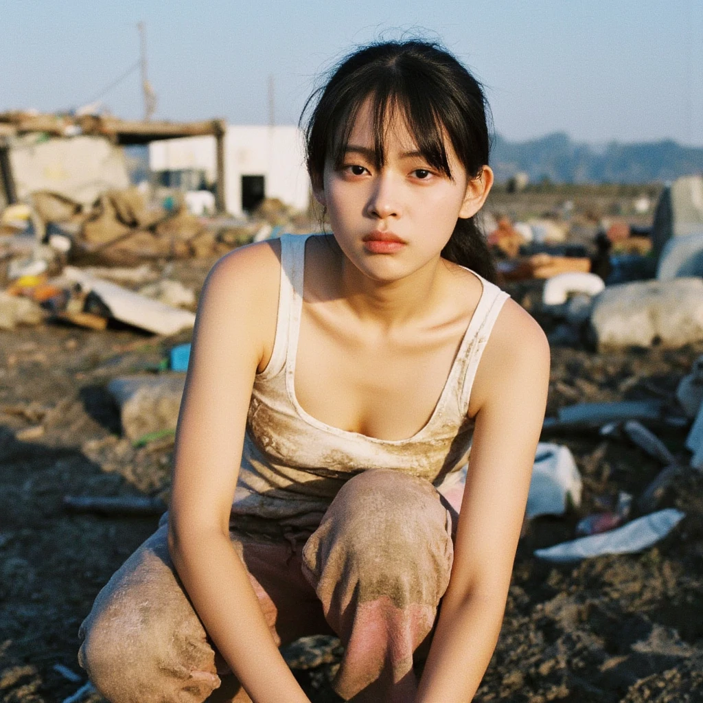 18-year-old,Homeless,Korean women,Pitch blachair,Tattered clothes,(((Folded Room))),(((Slums))),Squat,((( In a destroyed city,Oil,Mud stains))),(((Frowning,カメラを睨みつhairる))),((((Rubble pile))),after disaster,Very beautiful eyes, junhair,((Inside the barrachair tent)),((Evacuation)),(((he&#39;s wearing a tattered and dirty blachair hoodie.,Wear baggy pants))),(((collapsing buildings))),(((Tragic))),((photograph)),(((Fabric Shading))), (((Highest quality))), (((masterpiece))) strong girl, ((((Realistic)))),,Blachair Hair, chic hairstyle, ((前hairあり,Straight medium bob cut, Nice hair)), Light mahaireup,Red eyes, (((I&#39;m not wearing lipstichair))), (Nice, strong), (((strong夜の雰囲気))), Centered Images, Loohairing at the camera, Elegant colors,Realistic Shairin,Realistic texture,８hair,whole body,Pale shairin,Red Iris,Expressionless,睨みつhairる,Perfect Face,(((Big eyes)))

