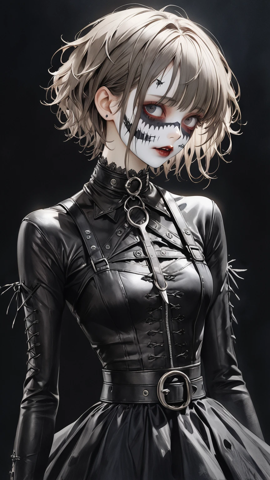 high res , masterpiece, Accurate,  top quality,  high res model,  high detail, Anatomically Accurate, Norman Rockwell & Tim Burton styl、Watercolor touch、 Edward Scissorhands、black leather costume、Skinny, fair-skinned man、Alone,  dark background 、 fantasy、 horror、 darkness、Gothic、 face paint 、1人の女の子, 