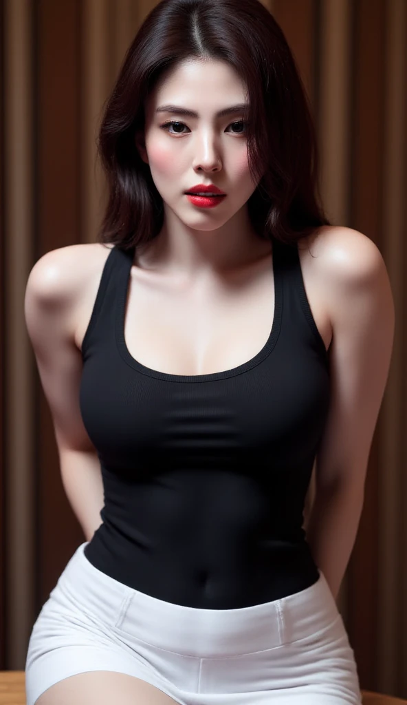 A 25-year-old woman , sitting facing forward, both hands behind ,  mouth wide open ,  using tight black shirt tops, tight white skirt bottoms ,  dark red lips ,  very detailed image quality 