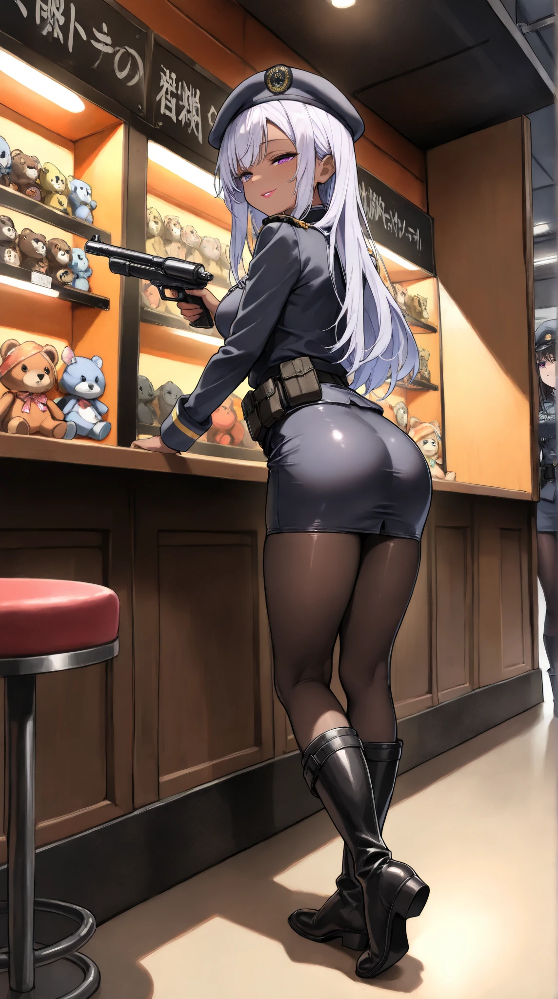  challenging a shooting stall ,(masterpiece, top quality, very detailed depiction, Incredibly Absurd High Resolution ,Curvaceous Body,High quality anime drawings),(female cavalry officer , epaulettes holding a shooting gun, tight skirt , bodystocking ,Beret, black tights, boots),( brown skin next to a woman:1.3, purple eyes, half-closed eye ,Glossy lipstick, for a slender figure,Beautiful legs,Beautiful thighs,High quality skin),( bewitching smile,Seductive gestures), full body image , from behind,profile,射的のstallに挑戦している,shooting game,He is holding a shooting gun with his elbow on the table, shooting targets are placed side by side on the back shelf,background:Festivalsのstall,Festivals,stall,賑やかなFestivals,