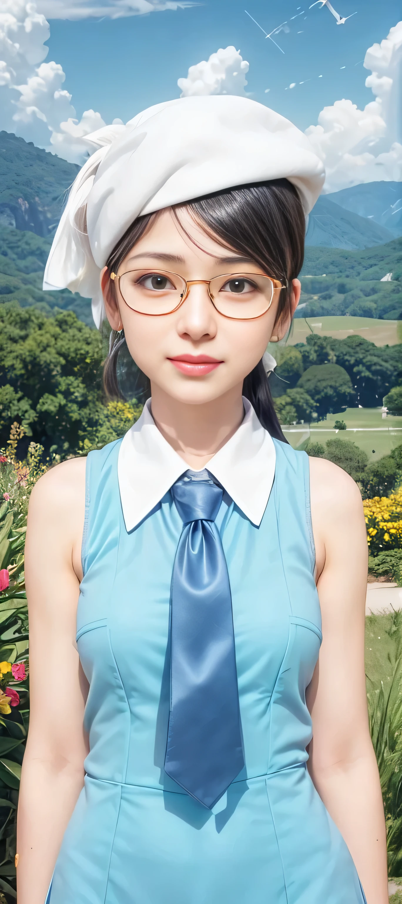 masterpiece, best quality, (realistic,photo-realistic:1.4), (RAW photo:1.2), extremely detailed CG unity 8k wallpaper, delicate and beautiful, amazing,finely detail, official art, absurdres, incredibly absurdres, huge filesize, ultra-detailed,extremely detailed eyes and face,light on face,(little smile),(wearing yellow framed glasses:1.4),sarada,(black hair:1.4),(short hair:1.4),(formal outfit:1.4),(old town:1.4),necktie,(white baret:1.3),(ponytail:1.4),(wearing honkai impact outfit:1.5)