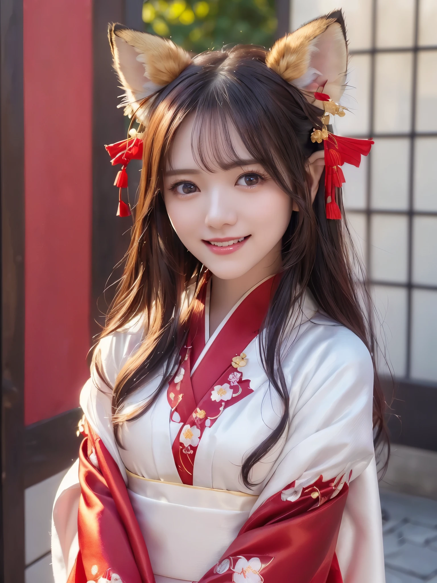 ( face close-up:1.2)、 top quality、 ultra high definition、(Photographically: 1.4)、 beautiful eyes、 very beautiful、 shiny hair 、Mature and elegant、(smile、smile:1.5)、(Fox's false ears:1.4)、( woman in red dress,Japanese Goddess, Reimu Hakurei,  wearing a coat , In kimono,   red kimono,   kimono,  Japanese Kimono , In kimono, White Hanfu)