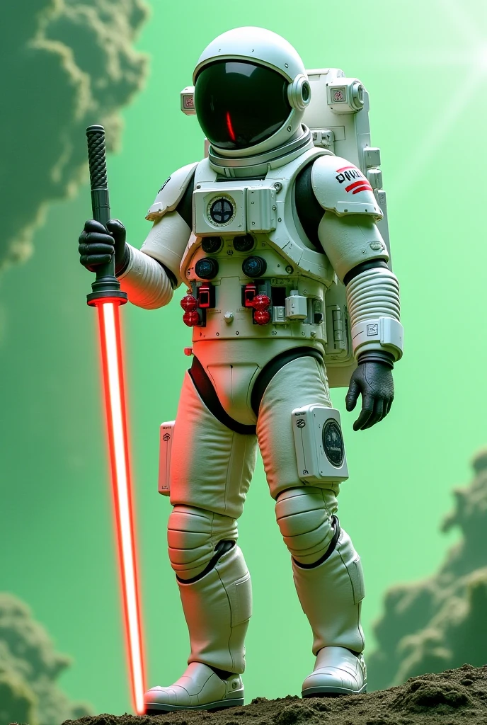 AN ASTRONAUT WITH A LIGHTSPEED SWORD HAS A LOT OF EQUIPMENT ON HIS BODY AND IT'S ALL WHITE ONLY THE LIGHTSABER IS RED, AND AN ALIEN IS FIGHTING AN ALIEN FIGHTING AN ALIEN WITH TEN EYES, EIGHT CLAWS AND A BUNCH OF SPIKES THERE'S A LOT OF SWORDS IN THE AIR FACING THE ASTRONAUT AND IT'S GREEN.