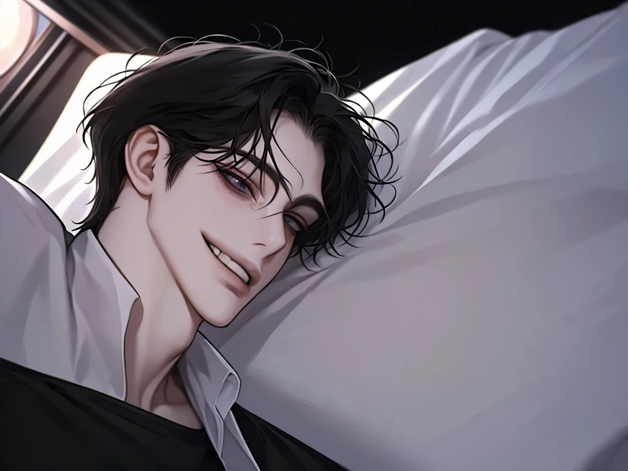 Love hotel room,night,night,Dark atmosphere,Upper Body, Face close-up,30-year-old male,1 boy、grin,Black Hair、loosen your tie,Take off,white shirt shirt,,From below,Angle from below, expressionless、shut up、Background dark room,night,bed