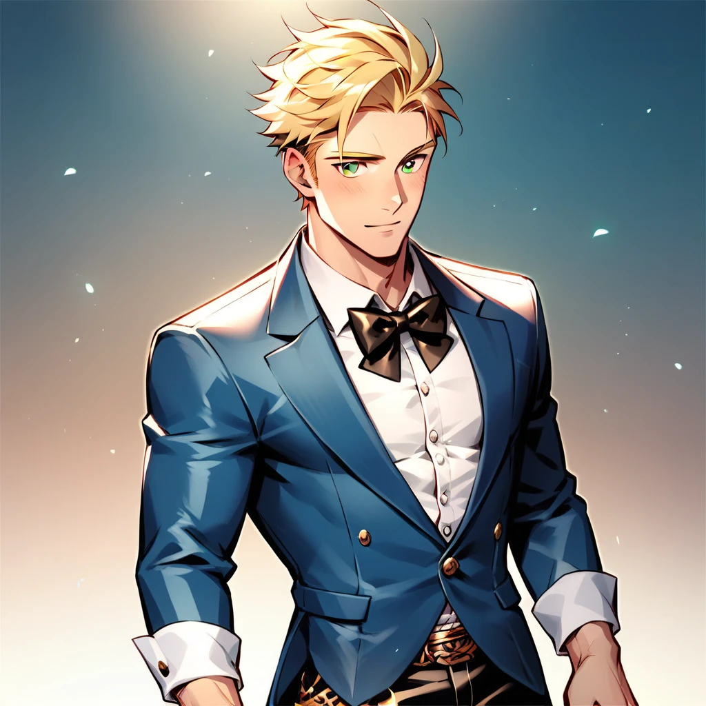 dapper large  muscular man with short, slick blonde hair and green eyes, gazing blushing at the viewer, dressed in an elegant blue suit paired with a crisp white shirt and tailored black trousers, accented by a sleek gold bowtie. He stands amidst a lavish high society gala, 