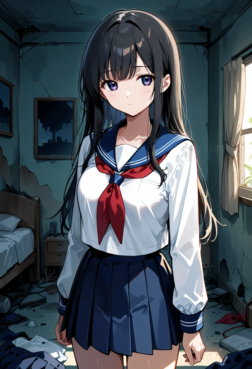  sailor suit,  Long Sleeve ,  RED NECKERCHIEF ,  short pleated skirt ,  Abandoned Bedroom, black long hair, medium breasts, 