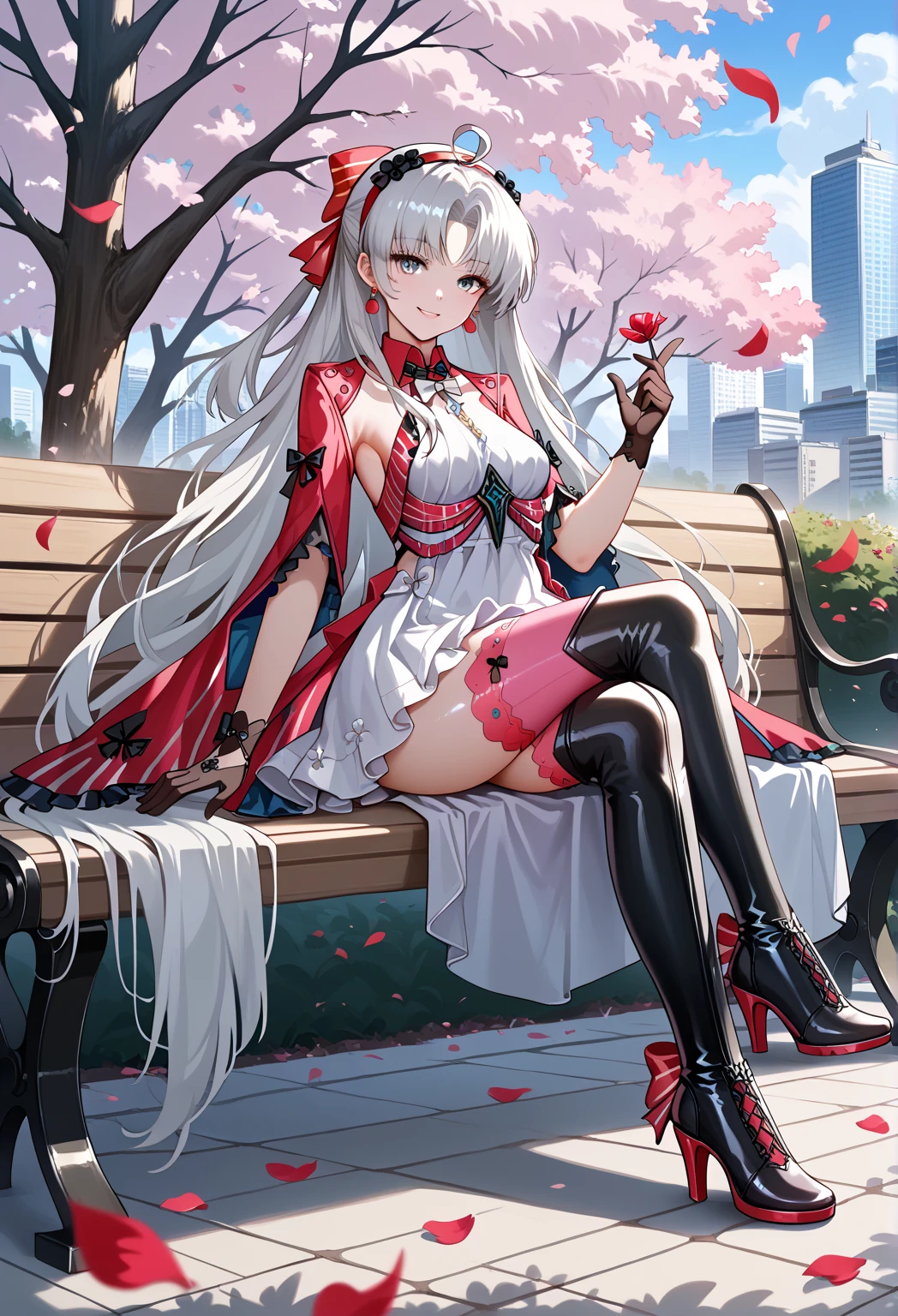 masterpiece,best quality,absurdres, amazing quality, shiny skin,
tokyo \(city\), park, cherry blossoms, falling petals, cowboy shot, smile, looking at viewer, sitting, park bench, on bench, crossed legs, 
carlottailvp, 1girl, long hair, dress, parted bangs, grey hair, gloves, black gloves, ahoge, white hair, white dress, jewelry, bow, earrings, blue eyes, hair bow, thighhighs, medium breasts, (black flowers hairband), very long hair, (red hairband), grey eyes, multicolored eyes, thigh boots, pink thighhighs, thighhighs under boots, high heel boots,((armpit)), 