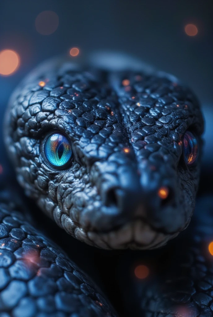 close-up of a beautiful snake eye\( beautiful, cosmic-colored, shining, big eye, glowing, reflection of beautiful colorful lights\). very beautiful long soft eyelashes.,very carefully described. very high resolution photo. Great focus. great bokeh. the most beautiful photo in the world.great camera work,dynamic camera work,great angle,very beautiful lighting.