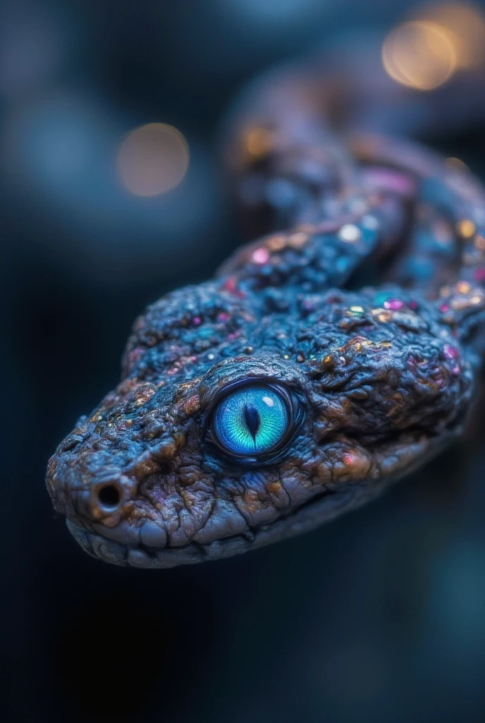 close-up of a beautiful snake eye\( beautiful, cosmic-colored, shining, big eye, glowing, reflection of beautiful colorful lights\). very beautiful long soft eyelashes.,very carefully described. very high resolution photo. Great focus. great bokeh. the most beautiful photo in the world.great camera work,dynamic camera work,great angle,very beautiful lighting.