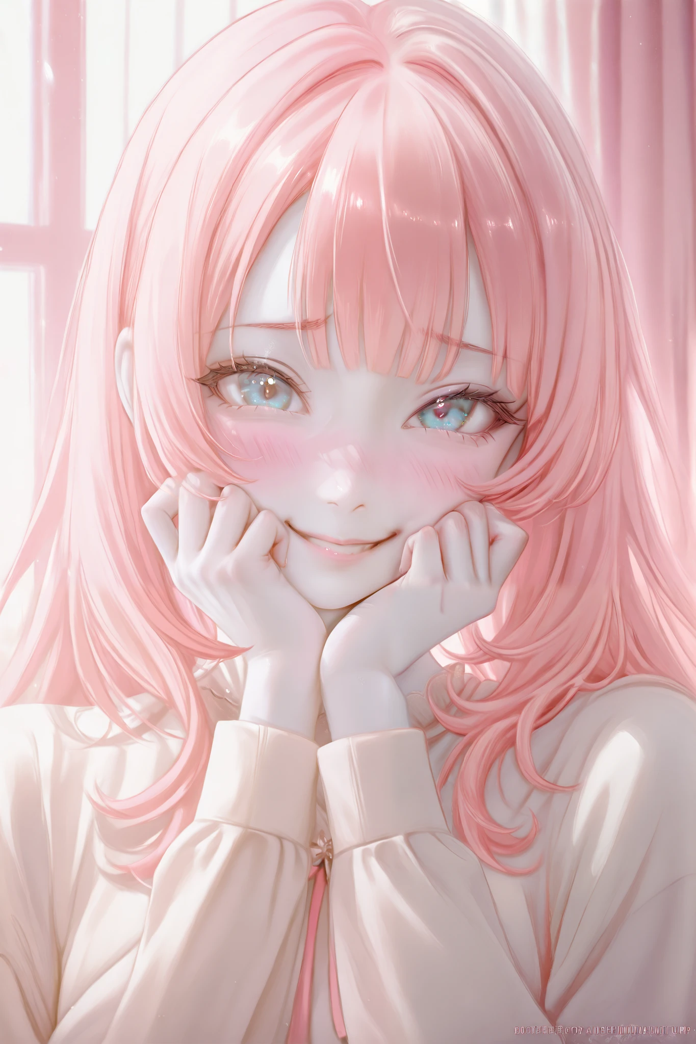 A beautiful girl with a very cute and attractive appearance, she has long light pink hair with bangs, soft light blue eyes, white skin, smiling softly, blushing cheeks, do everything in soft pastel colors.