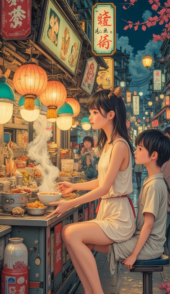 (masterpiece, high quality, HD, 4K, 8k, detail), Chinese food stall, stall owner (attractive woman) handing noodle (bowl of pho) to customer from stall counter, bright stall lights, people sitting and eating buns from noodle stall, stall lights make everyone smile, delicious looking food(anatomically correct body, hands, fingers), nostalgic scenery, bustling night stall street,Eating, distant viewEating, looking happy (anatomically correct body, hands, fingers), nostalgic scenery, busy night stall street, distant view