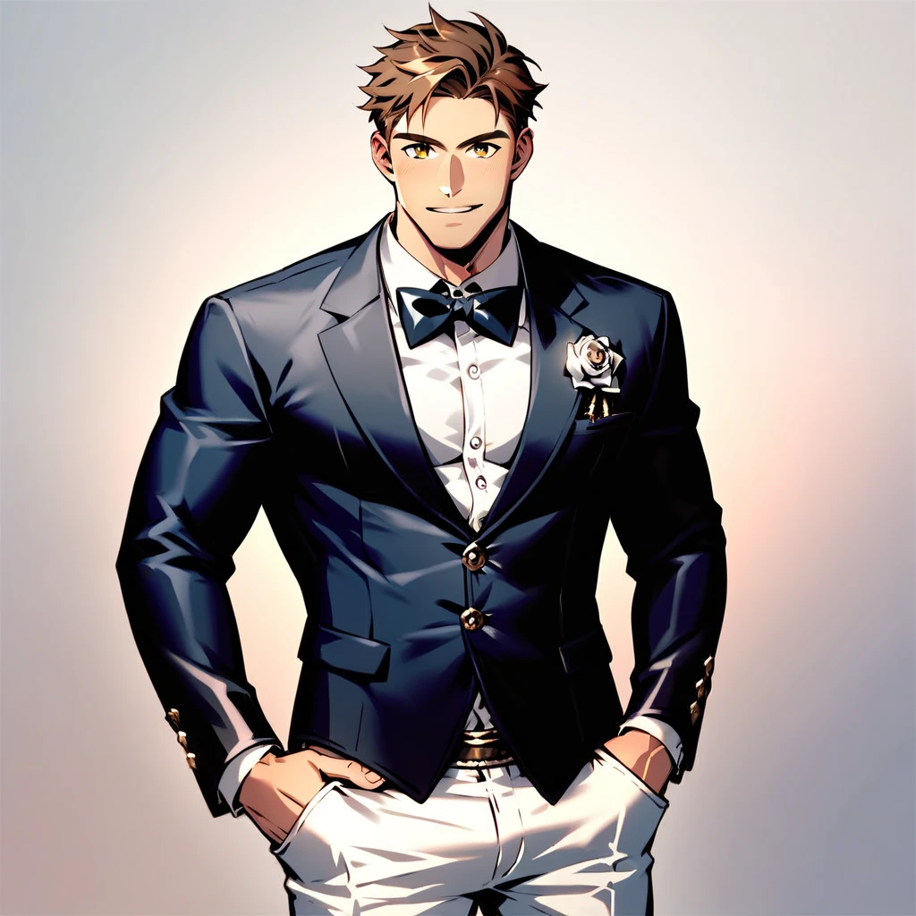 dapper large  muscular man with short, curtain-style brown hair and a well-groomed mustache, brown eyes, gazing confidently at the viewer, dressed in an elegant black suit paired with a crisp white shirt and tailored white trousers, accented by a sleek black bowtie. He stands amidst a lavish high society gala, 