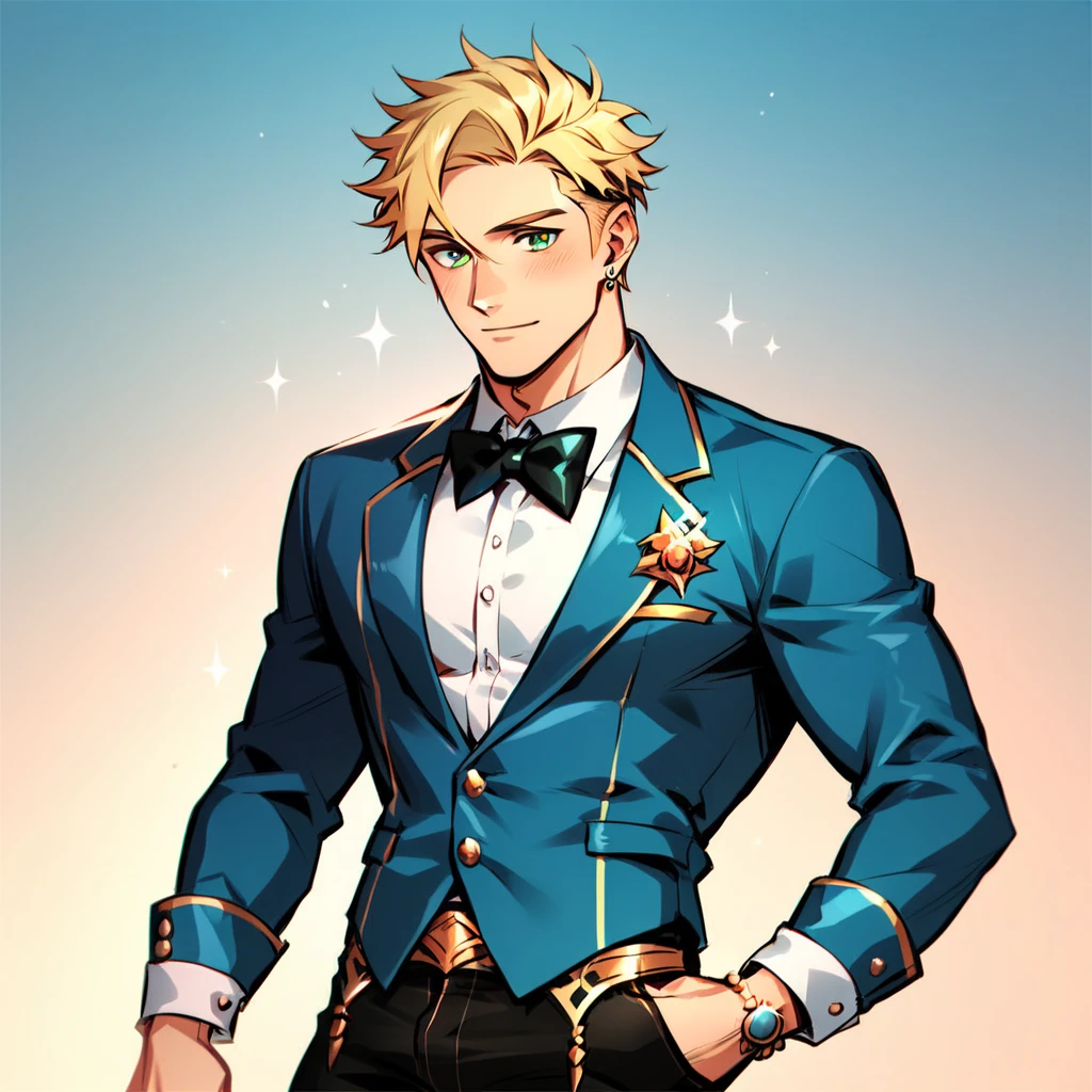 dapper large  muscular man with short, slick blonde hair and green eyes, gazing blushing at the viewer, dressed in an elegant blue suit paired with a crisp white shirt and tailored black trousers, accented by a sleek gold bowtie. He stands amidst a lavish high society gala, 