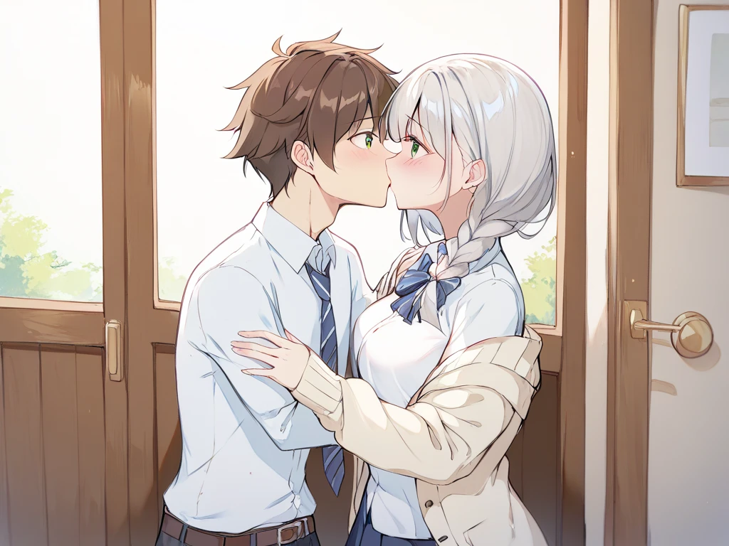  short bob girl with silver hair、At the front door of the house、High school girl wearing a beige cardigan braided on the left side of her hairstyle 、The chest ribbon is red 、 green eyes、Height: 150cm、 shy expression 、Kissing a boy with brown hair、from front