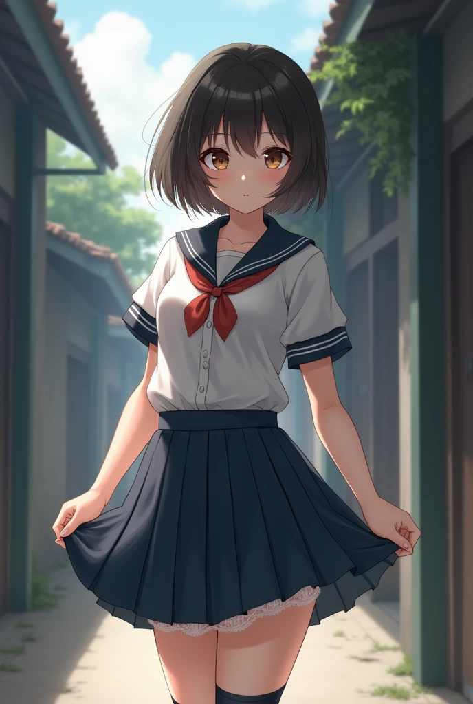 shrine,Half-close your eyes,Are standing,Place your hands behind your back,Red eyes,high school girl,short hair,boyish,Black Hair,blush,summer制服,mini skirt,White skin,summer,shy,Cowboy Shot,View your viewers,Sweaty,Wet,smile,