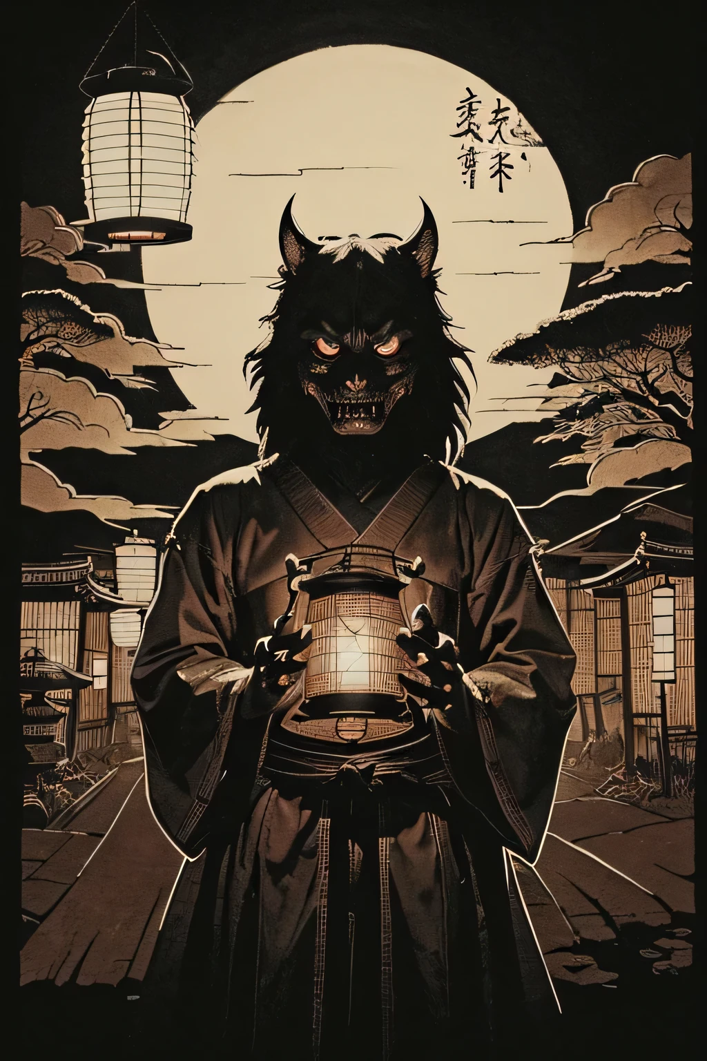 (( Darkness)), (( monster)), ((Jumpscare)),  outline warm color, ((festival: 1.0)), ((Choju Jinbutsu Giga)), ((Shihon Bokuga)),  antique, (personality personification ), (Ink painting), ( Black and White Art ), (Old paper style illustration), (Hunting Painting Style, Little  monster, Old performance, Variation pointillism,  flat illustration ,  creepy, ((Horror elements)), ( creepy) worldview, ( Primitive art ),  outline warm color,  is in the style of an old picture scroll, Old stage, Ancient mural style,  Japanese Yokai, huge body , ((Lantern: 1.0))