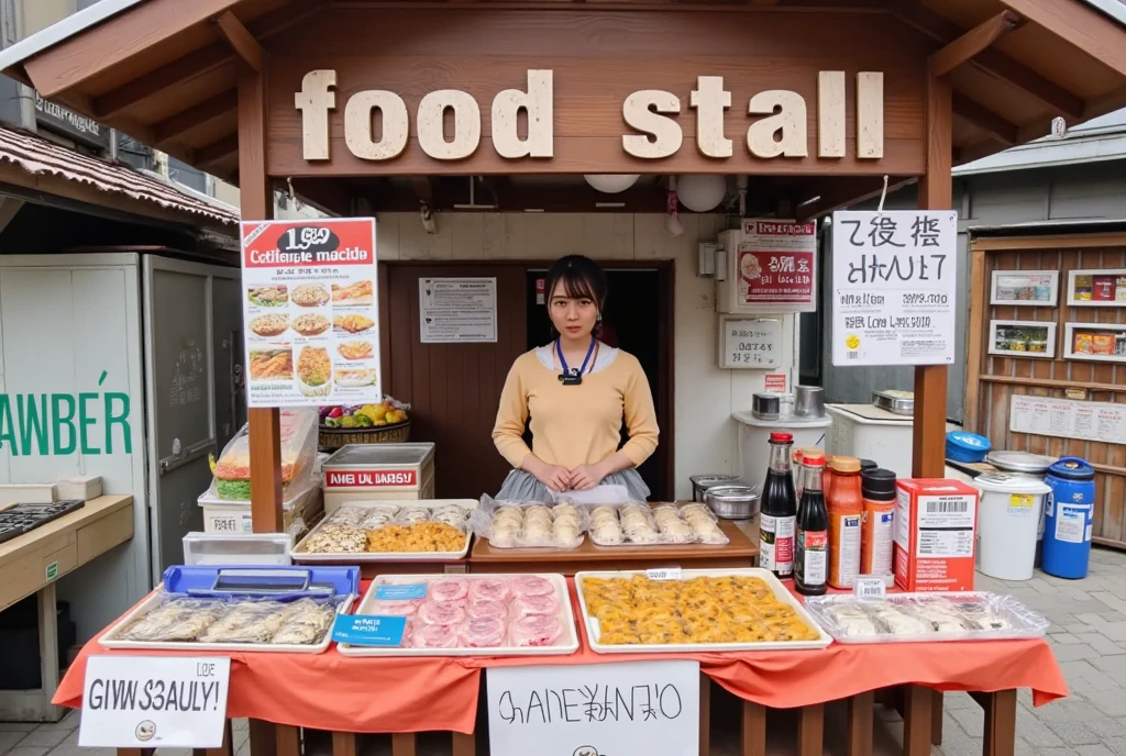 Highest quality, Masterpiece, ultra high definition, (realistic: 1.4), raw image, 1 woman,( small Street Food Stall traditional type, wooden roof with a signboard words "Food Stall", curtain, old food market, she is selling ramen, coke, ice water, dumplings )