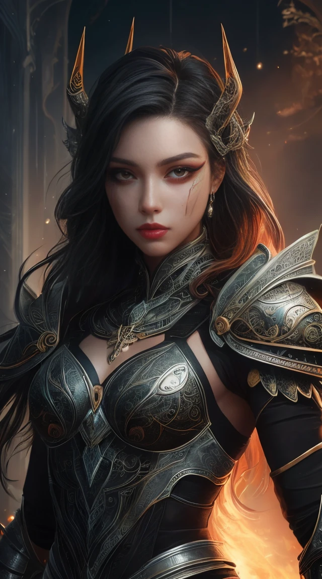 a beautiful female warrior, detailed face, piercing eyes, full lips, long eyelashes, tight-fitting outfit without neckline, metal shoulder pads with spikes, intricate armor, dramatic lighting, realistic, cinematic, dark fantasy, high detail, 8k, hyper detailed, masterpiece, big breast