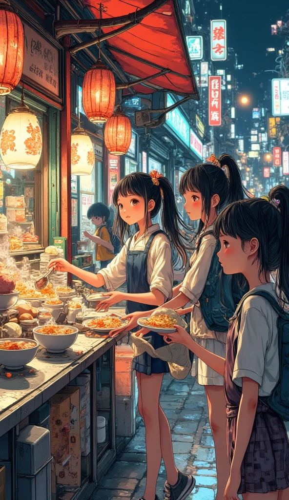 (Masterpiece, High Quality, HD, 4K, 8k, Detail), Chinese food stall, stall owner (pretty woman) talking with customers from stall counter, customers eating noodles (pho) with bowls of noodles, bright stall lights, scene of people eating with buns and food on the counter,The light of the food stall shows everyone smiling, eating deliciously, looking happy, (anatomically correct body, hands, fingers), nostalgic scene, bustling nighttime food stall street, distant view