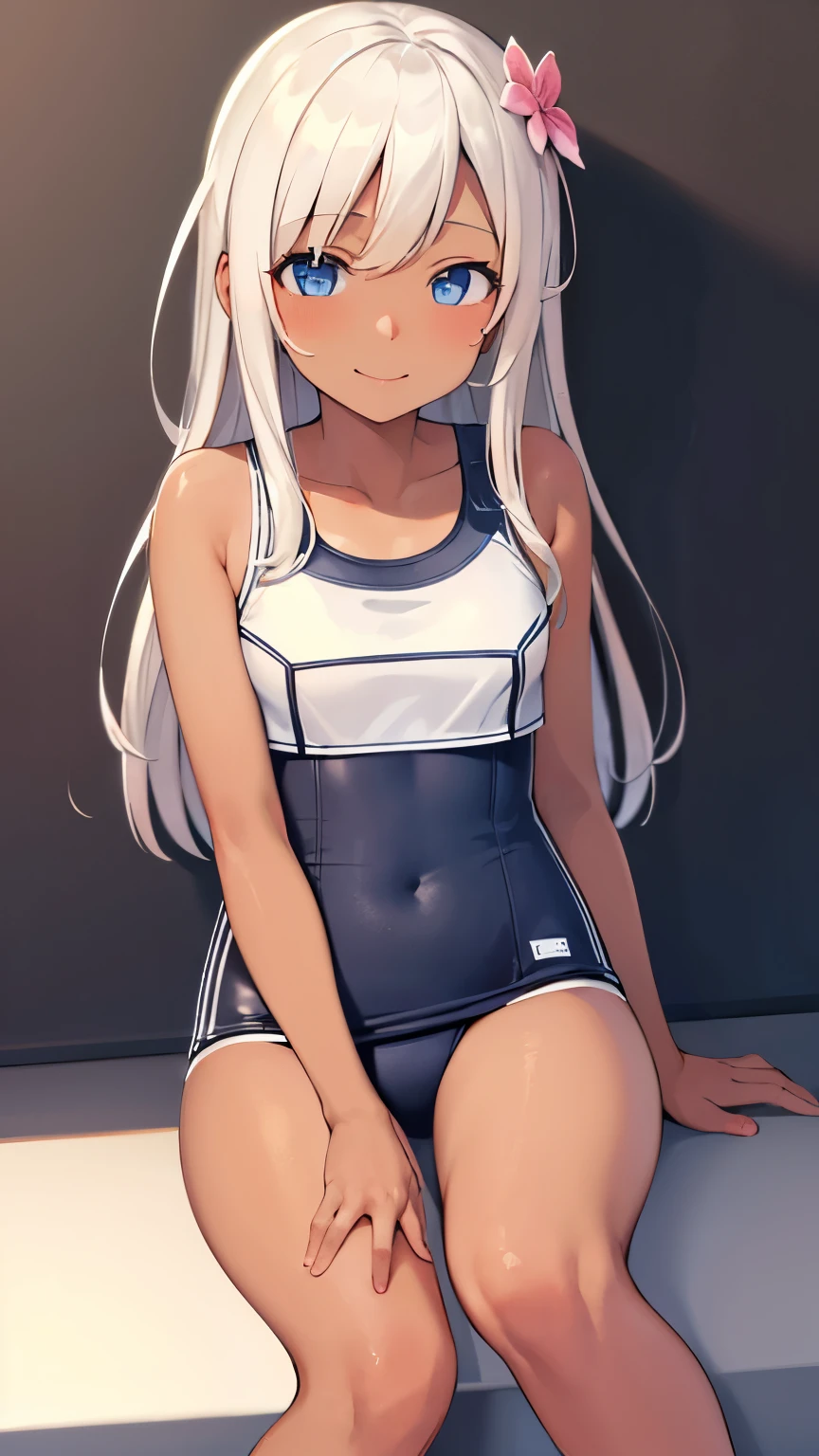 ((Masterpiece, top quality)), absurdres,
Alone,  1 girl, looking , smile, RO500,  long hair,  hair flower,  sunburn,  school swimsuit, Dark Skin, dutch angle、 white background、sit