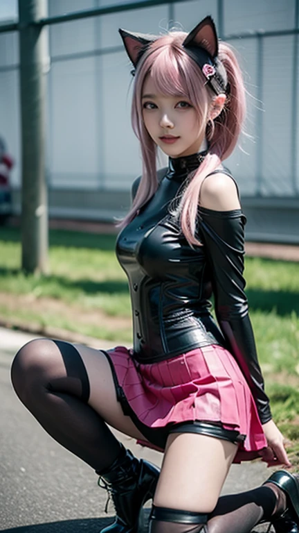Big Breasts、Lace-up boots、Thin eyebrows、Beautiful eyes、whole body、squat、blush、high resolution、M-shaped legs、Beautiful woman、 high quality ,4K ,Scanline illumination, Volumetric Light、8K Ultra HD, Soft lighting, high quality, Film Gray、Spread your legs、Pink Hair、long hair、Race Queen、Leather mini skirt、Black underwear、Outdoor