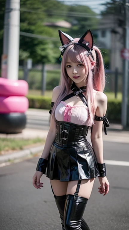 ・Female・10~20s, anime drawing, pink hair, cosplayer, demon cosplay with red horns, internal squint, background is Halloween party venue