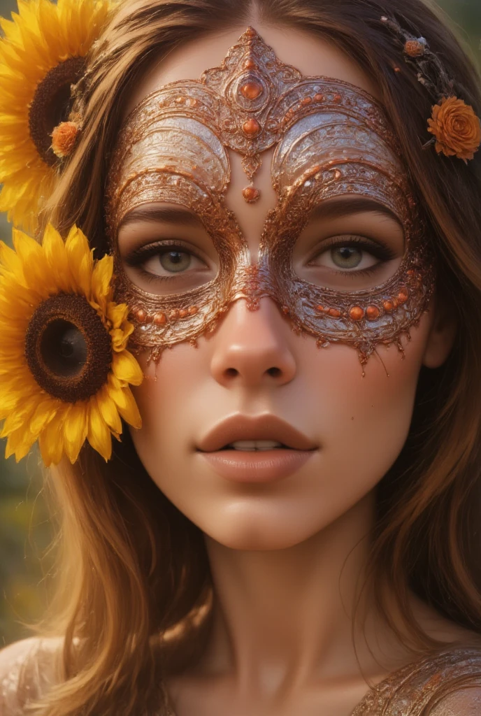  A hyperrealistic close-up portrait of a young woman , which with a whimsical ,  symmetrical avant-garde mask made of intricately woven mesh decorated with shimmering silver accents and bright orange dots.  The mask is beautifully surrounded with artistic fuchsia embroidery ,  which enhances her breathtaking appearance .  A radiant sunflower subtly covers part of her face ,  her glowing yellow petals give the mask a warm contrast .  The picture was taken from a medium perspective ,  which gives a direct view of her facial expression and the intricate details of the mask and flower allow ,  illuminated by natural light ,  which creates a soft and inviting atmosphere .