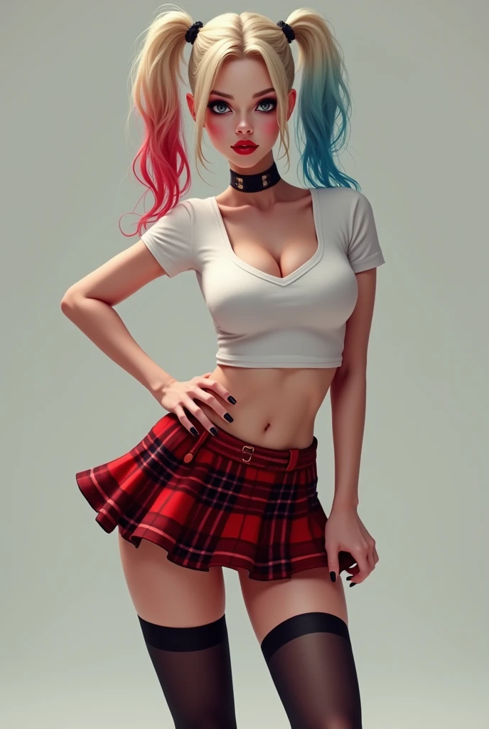 Best Quality, Realistic, Realistic, Award-Winning Illustrations, (Intricate Details: 1.2), (Fine Details), (Intricate Details), (Cinematic Light, Best Quality Backlight), Clear Lines, Sharp Focus, Official Art, Unity 8k Wallpaper, Ridiculous, Incredibly Ridiculous, Fantasy Art, RTX,long hair, 1girl, hair ornament, twintails, solo, breasts, blue eyes, cleavage, bow, bear hair ornament, necktie, blonde hair, smile, bangs, large breasts, looking at viewer, collarbone, shirt, nail polish, red bow, black shirt, underwear, bra, skirt, choker, black bra, sleeves rolled up, white necktie, red nails, open mouth, pleated skirt, red skirt, shiny, teeth, medium breasts, miniskirt, shiny hair, upper body, school uniform, pink hair, boots, upper teeth only, plaid skirt, blush, knee boots, plaid, black footwear, cross-laced footwear, junko enoshima 