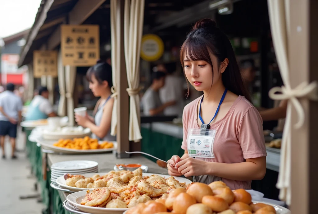 Highest quality, Masterpiece, ultra high definition, (realistic: 1.4), raw image, detail face, 1 woman,( small Street Food Stall traditional type, wooden roof with a signboard words "Food Stall", curtain, old food market, she is selling ramen, coke, ice water, dumplings )