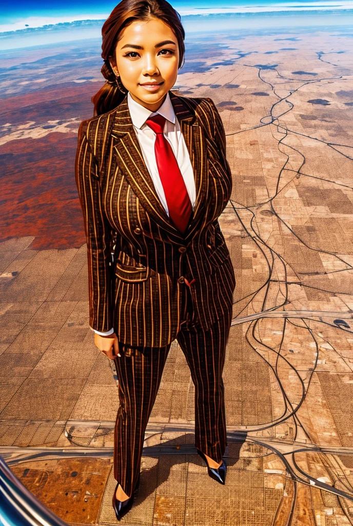 Giga Giantess art 1:4, two highly detailed giga giantess, ginger hair, curvy bbw woman full body view, 10000 miles tall giga giantess, giga giantess so massive the world is very small to her, huge breasts, red pinstriped suit with trouser and blazer, white tailored shirt done up thick and very large Windsor knot tie, ties length reaches just passed the top of trousers, Has long full wavy ponytail, Wearing a pair of  polished round toe court heels Professional attire A look of enjoyment, Beautiful appearance, smile, horny (view from the ground)giga goddess, full body view, standing striaght, stomping on very tiny but massive continent, many skyscapers at her feet, city urban areas, facing towards camera