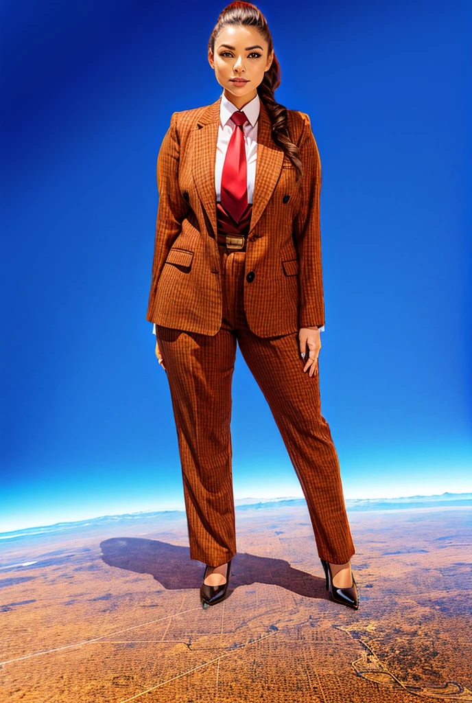 Giga Giantess art 1:4, two highly detailed giga giantess, ginger hair, curvy bbw woman full body view, 10000 miles tall giga giantess, giga giantess so massive the world is very small to her, huge breasts, red pinstriped suit with trouser and blazer, white tailored shirt done up thick and very large Windsor knot tie, ties length reaches just passed the top of trousers, Has long full wavy ponytail, Wearing a pair of  polished round toe court heels Professional attire A look of enjoyment, Beautiful appearance, smile, horny (view from the ground)giga goddess, full body view, standing striaght, stomping on very tiny but massive continent, many skyscapers at her feet, city urban areas, facing towards camera