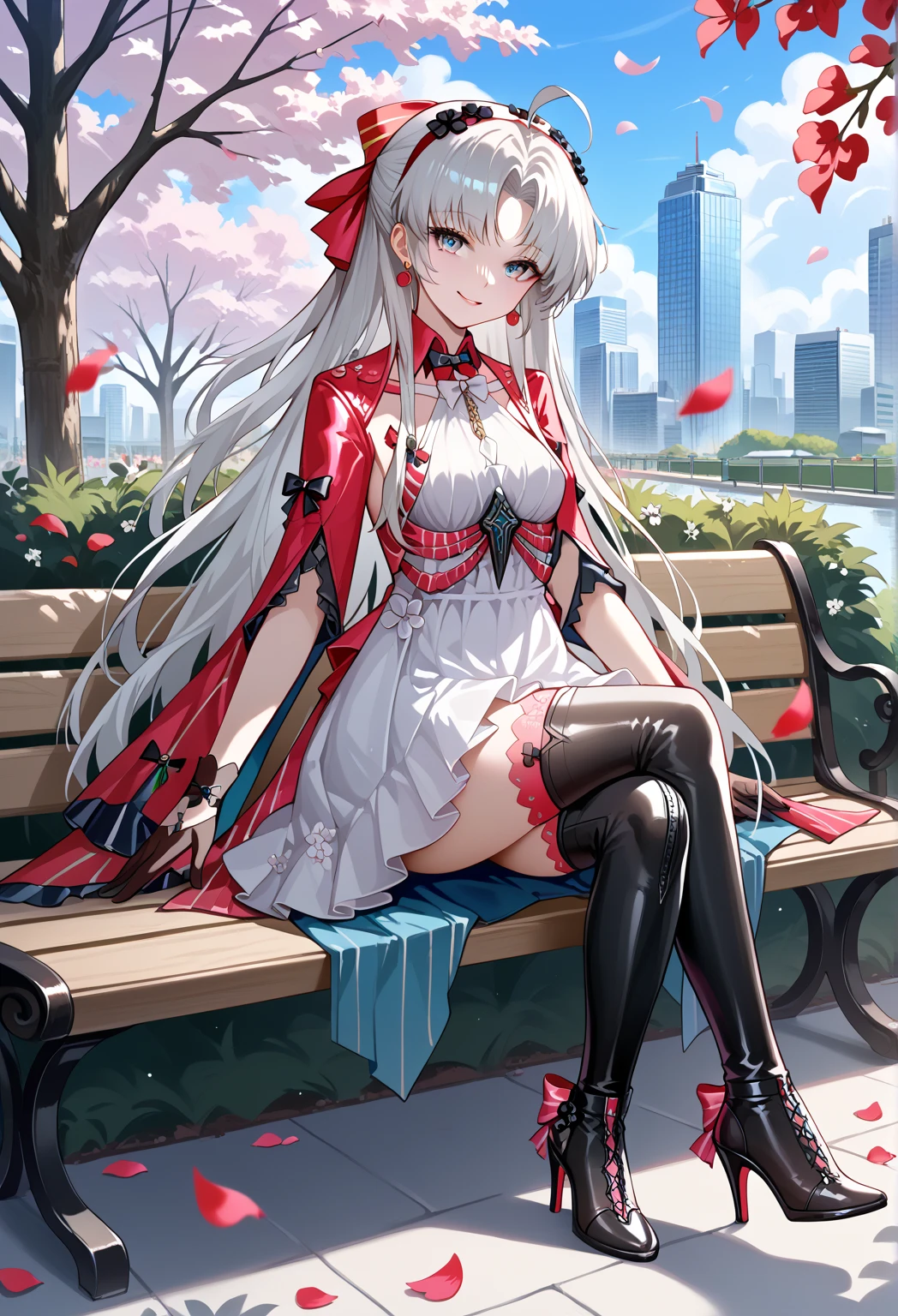 masterpiece,best quality,absurdres, amazing quality, shiny skin,
tokyo \(city\), park, cherry blossoms, falling petals, cowboy shot, smile, looking at viewer, sitting, park bench, on bench, crossed legs, 
carlottailvp, 1girl, long hair, dress, parted bangs, grey hair, gloves, black gloves, ahoge, white hair, white dress, jewelry, bow, earrings, blue eyes, hair bow, thighhighs, medium breasts, (black flowers hairband), very long hair, (red hairband), grey eyes, multicolored eyes, thigh boots, pink thighhighs, thighhighs under boots, high heel boots,((high heel soles)), 