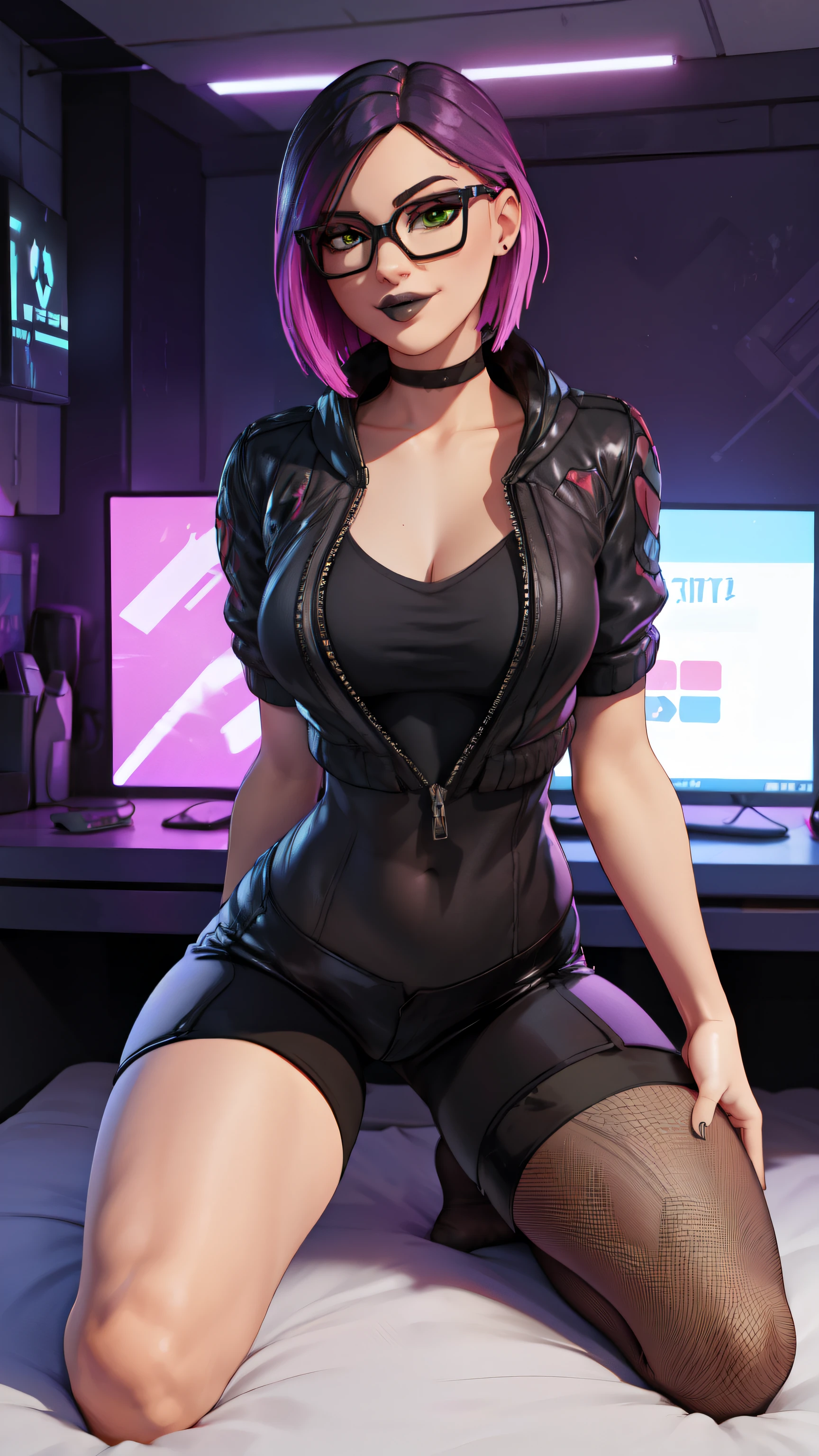 egirl, high quality fingers, normal hands, detailed fingers,masterpiece, (realistic, photo-realistic:1.37), medium breast, small waist, beautiful face, perfect illumination, beautiful detailed eyes,looking at viewer, stunningly beautiful woman, detailed hairstyle, egirl sitting in gamergirl room, cotton mini skirt, (fishnet top), Thigh high socks, goth, pink hair, pink cat ears