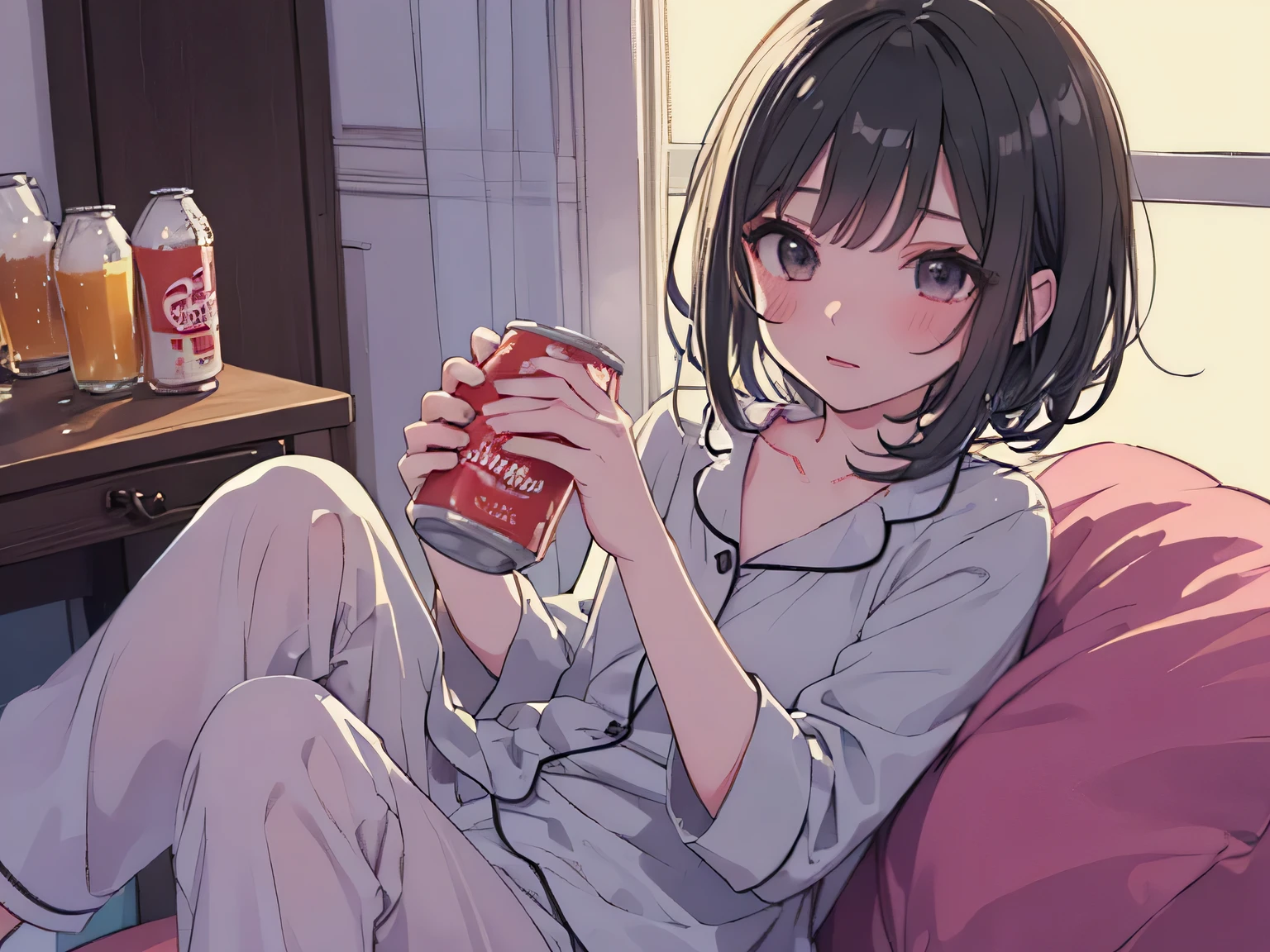 This is a light novel style illustration of a girl with short black hair wearing cute pajamas holding a can of beer in both hands and asking which one to drink in a small room with a feminine atmosphere at night.