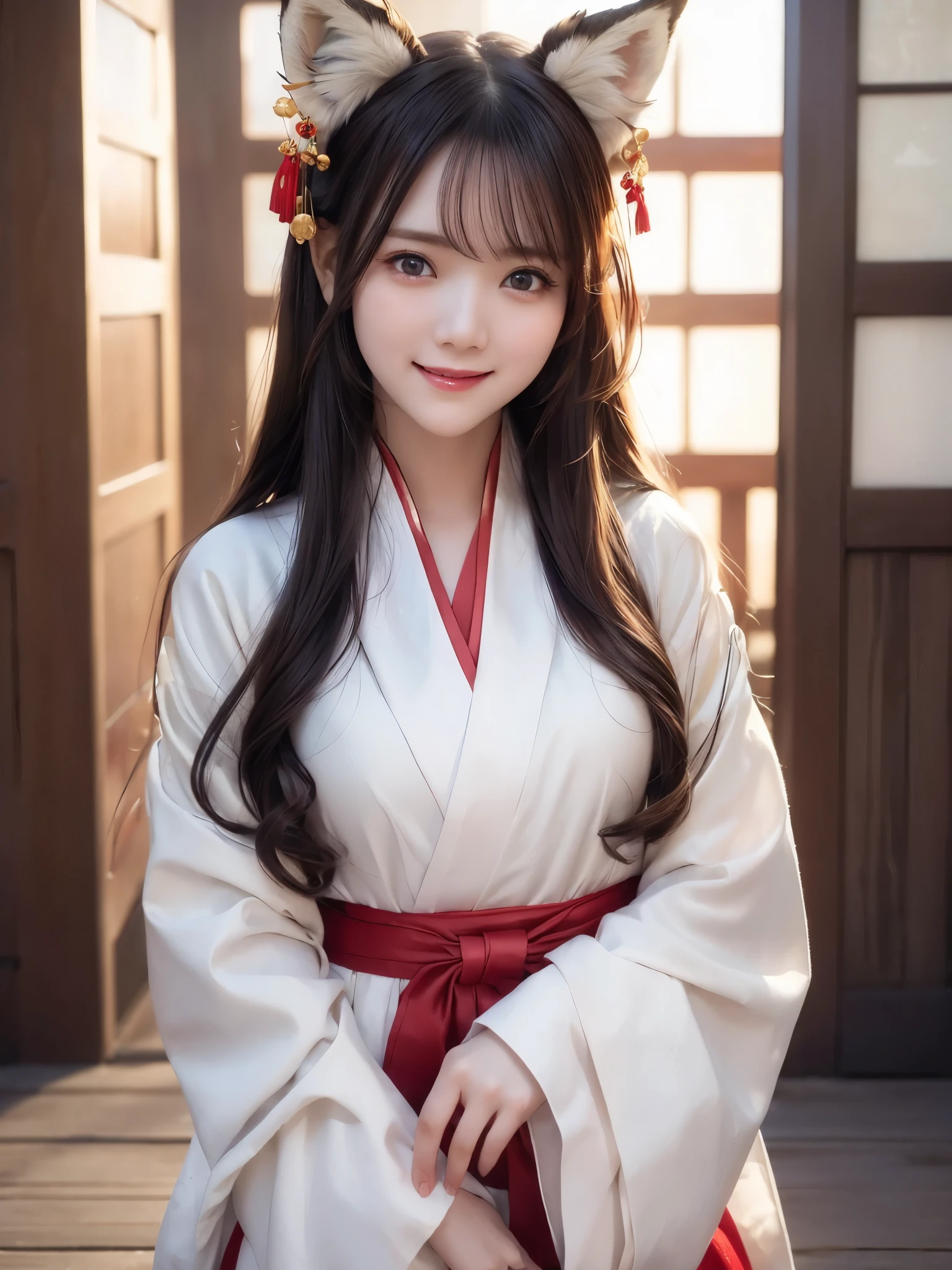 ( face close-up:1.2)、 top quality、 ultra high definition、(Photographically: 1.4)、 beautiful eyes、 very beautiful、 shiny hair 、Mature and elegant、(smile、smile:1.5)、(Fox's false ears:1.4)、(kawaii miko girl, wearing japanese white clothes,red hakama, in a Japanese shrine, 45 angle by krenz cushart and Mucha, golden hour lighting, strong rim light, intense shadows)