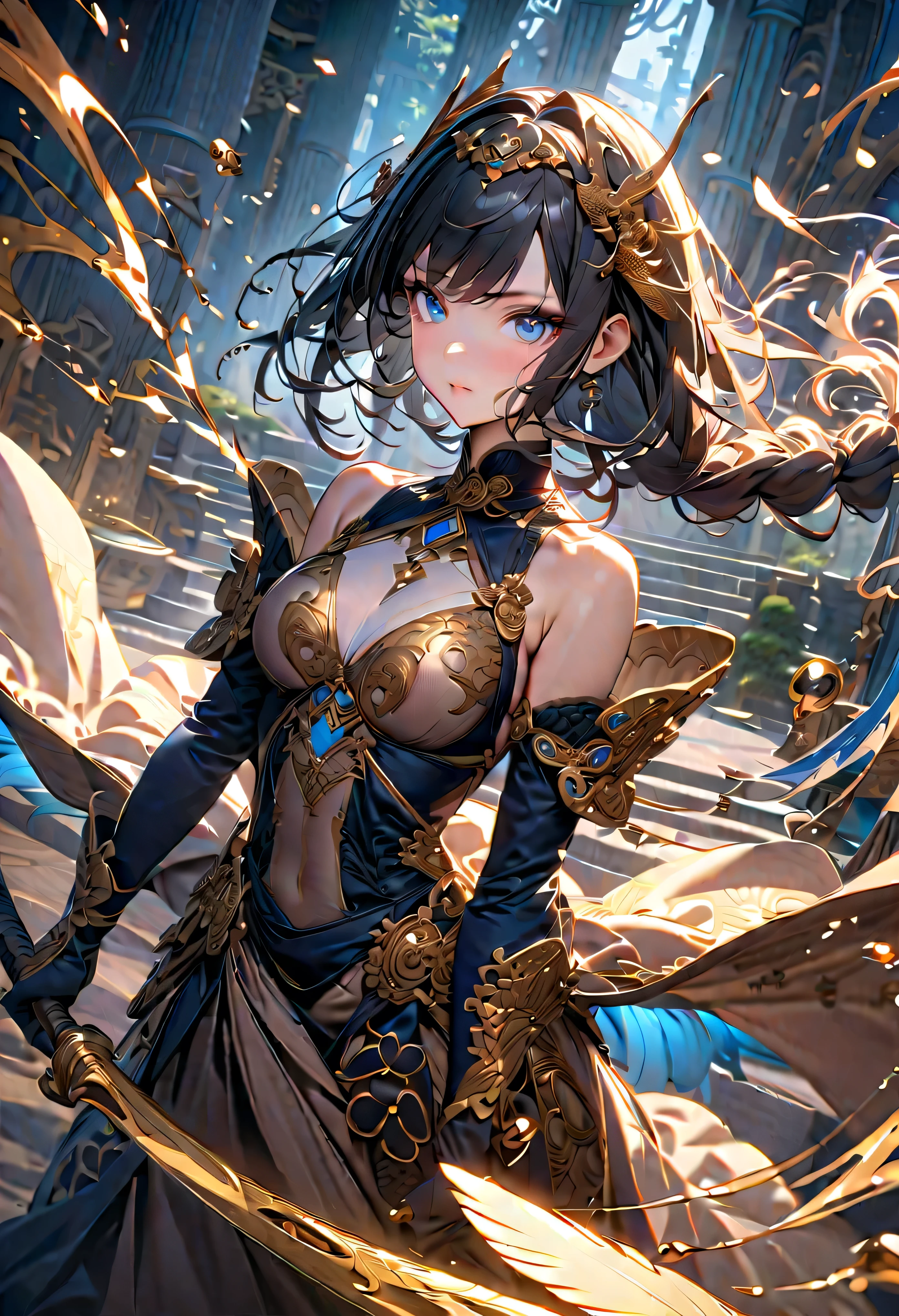 masterpiece, best quality, 1woman, adult, older MILF, female focus, solo, black hair, long hair with fringe, vibrant blue eyes, looking at viewer, cape, High quality metal texture, closed mouth, bangs, jewelry, earring, high collar,(kbxll:0.6), Fantasy aesthetics, Highly detailed, shadowverse style