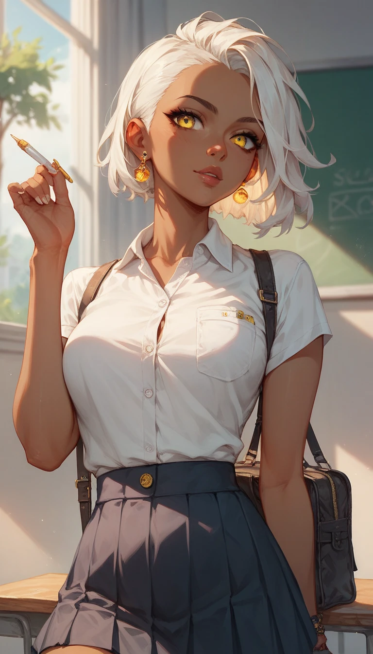 (extremely detailed CG unity 8k wallpaper:1.0), (best shadow), soft lighting, HDR, (illustration), (cheerful dark-skinned Haitian girl), (small boobs:1.1),  grey braided hair, center of frame,  (realistic:0.8), young, cute, trending in artstation, in school window,  1girl, green iris, (nude:0.6), green eyes, solo focus, wet white button shirt, pleated Haitian flag design skirt, model pose, looking at viewer, (cleavage:0.9), sitting on window sill, cowboy shot, smirking, asymmetrical hair, depth of field
