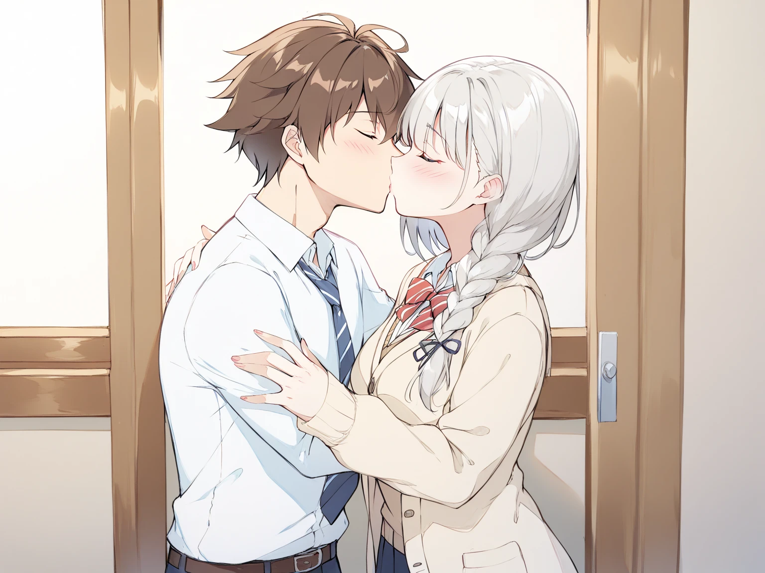  short bob girl with silver hair、 in the room、The front door is closed、High school girl wearing a beige cardigan braided on the left side of her hairstyle 、 The girl is wearing a beige cardigan and uniform、The girl's chest ribbon is red 、 green eyes、Height: 150cm、 shy expression 、Kissing a boy with brown hair、from front