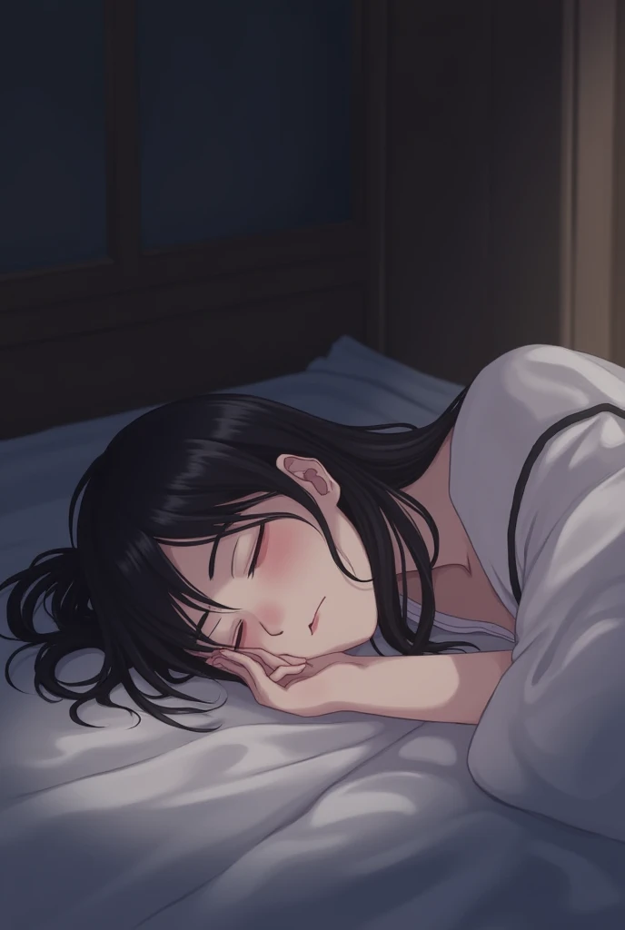 Photorealistic、Highest quality、Highest Resolution、Highest quality、８Ｋ、Beautiful images、One beautiful woman、Beautiful woman、Delicate face、night、Bedroom、Cute pajamas、before sleep、Sleeping in bed、