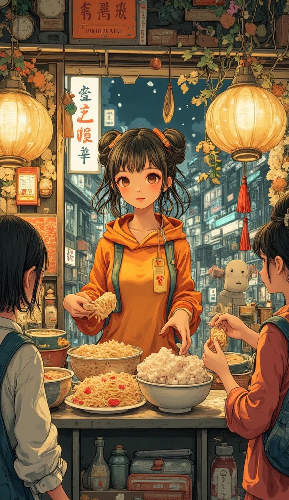 (Masterpiece, High Quality, HD, 4K, 8k, Detail), Chinese food stall, food stall owner (pretty woman) talking to customers from stall counter, customers eating noodles (pho), bright stall lights, scene of people eating, buns and food on counter, stall lights, everyone smiling and eating deliciously, (anatomically correct body, hands, fingers), nostalgic scenery, busy night street of food stall, people smiling and eating deliciously People eating, (anatomically correct body, hands, fingers), nostalgic scene, busy night street with food stalls, (overhead view: 1.3)