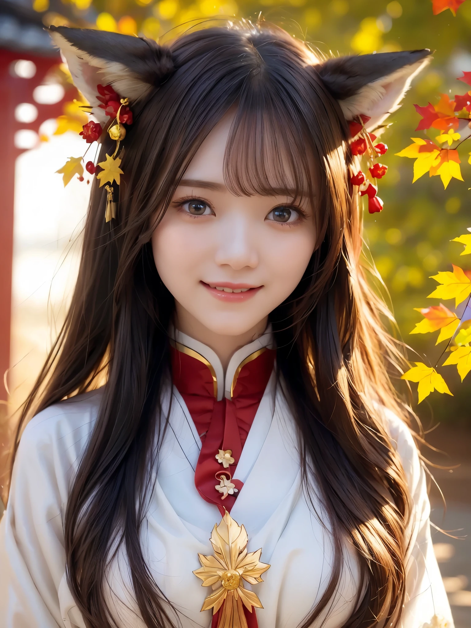 ( face close-up:1.2)、 top quality、 ultra high definition、(Photographically: 1.4)、 beautiful eyes、 very beautiful、 shiny hair 、Mature and elegant、(smile,smile:1.5)、(Fox's false ears:1.4)、( Wearable Woman 、Red and white shrine maiden outfit、shrine、shrine的少女、美丽的shrine风景、autumn、Maple、 fallen leaves)