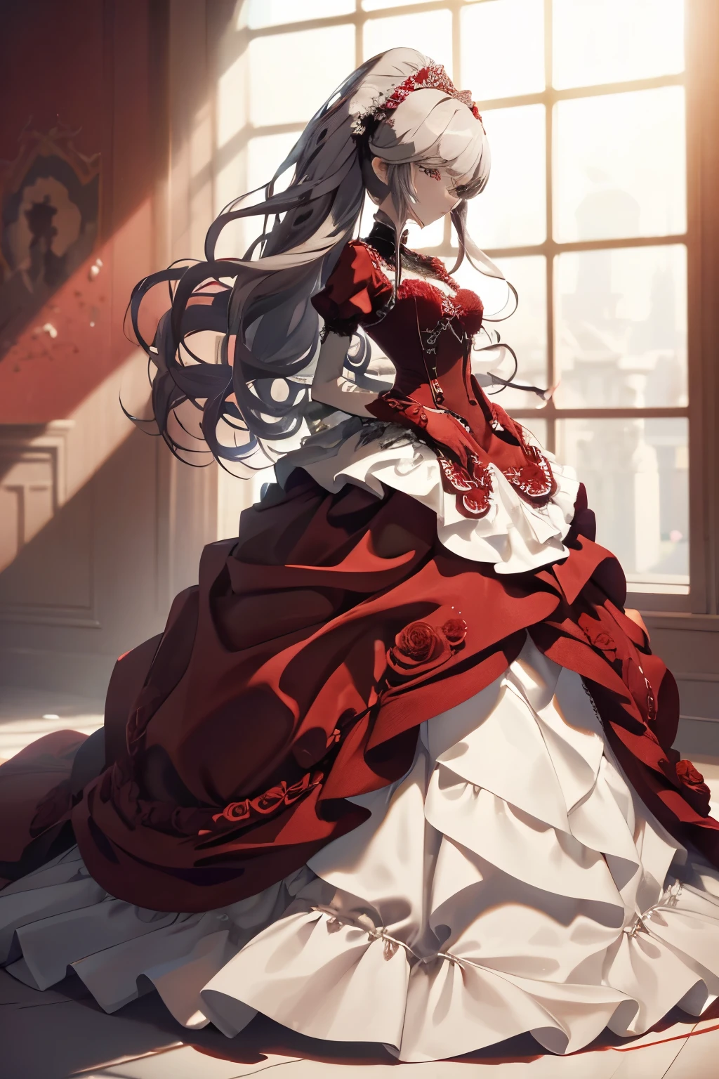 Spend the daytime 、 top quality、Masseter muscle area、 ultra-detailed、8k、 accurate depiction of the human body 、Full body angle、 Delicately Drawn Face 、A woman with a beautiful face、 Gothic ta Fashion、Black Gothic Loliashion、Black and White Costumes 、 beautiful silky silver hair :1.5、Big red hair ornament、Red ribbon hair ornament、Big red hair ornament、 is standing、 frontal angle 、Full body angle、(((Blurred Background:1.5、 Photo Studio、 movie lighting、 professional photographer ))), smiles,