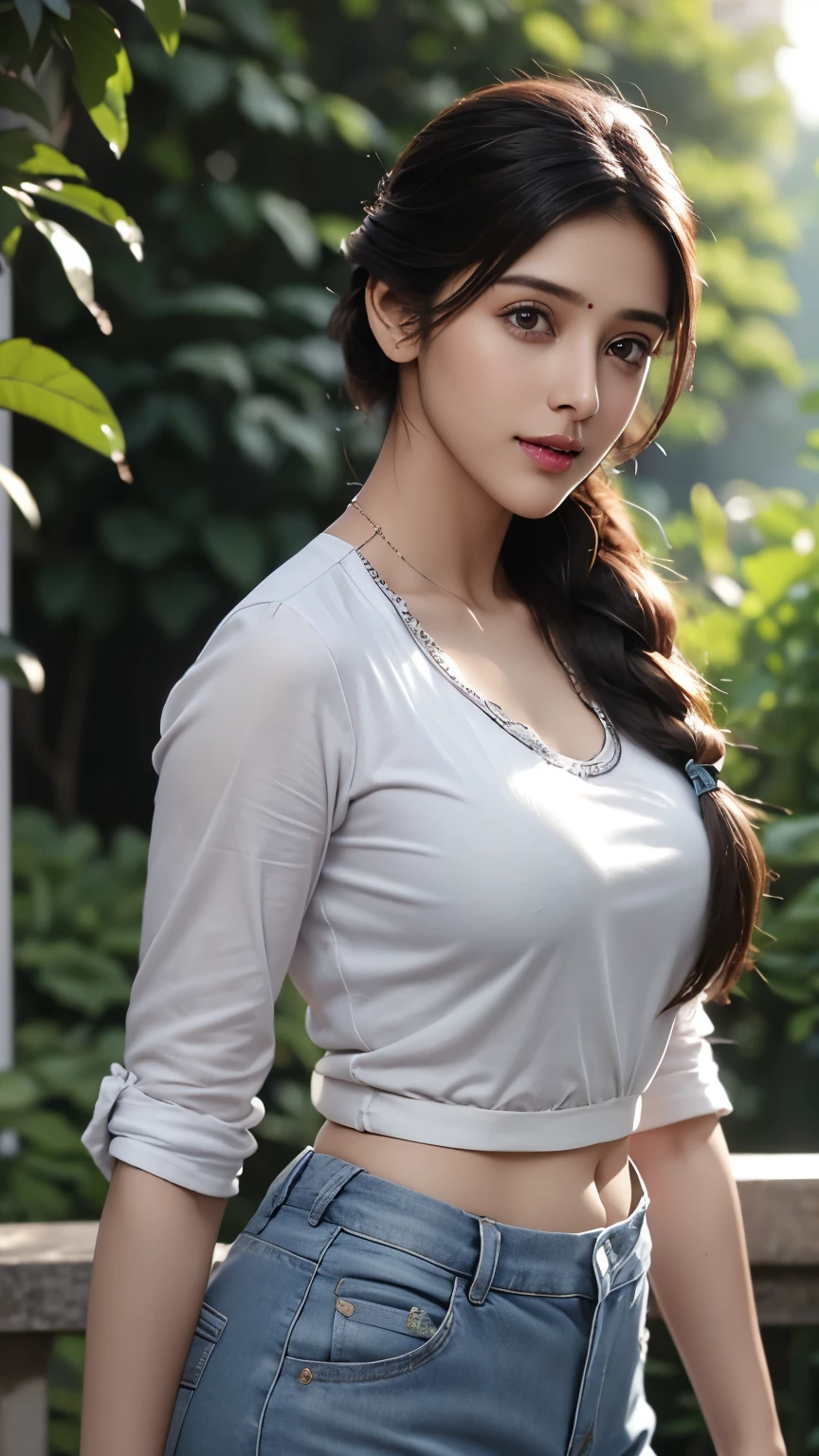 30 year old indian woman, wearing blue jean pant and white t shirt, long braid hair, background garden, ultra realistic, realism, cute, charming, dusk time, sunset, medium height, big eyes, tattooed hands, , ambient lighting, lens flare, god rays, perfect , detailed body and face, 8k, 36dd, 8k, cannon 5d,