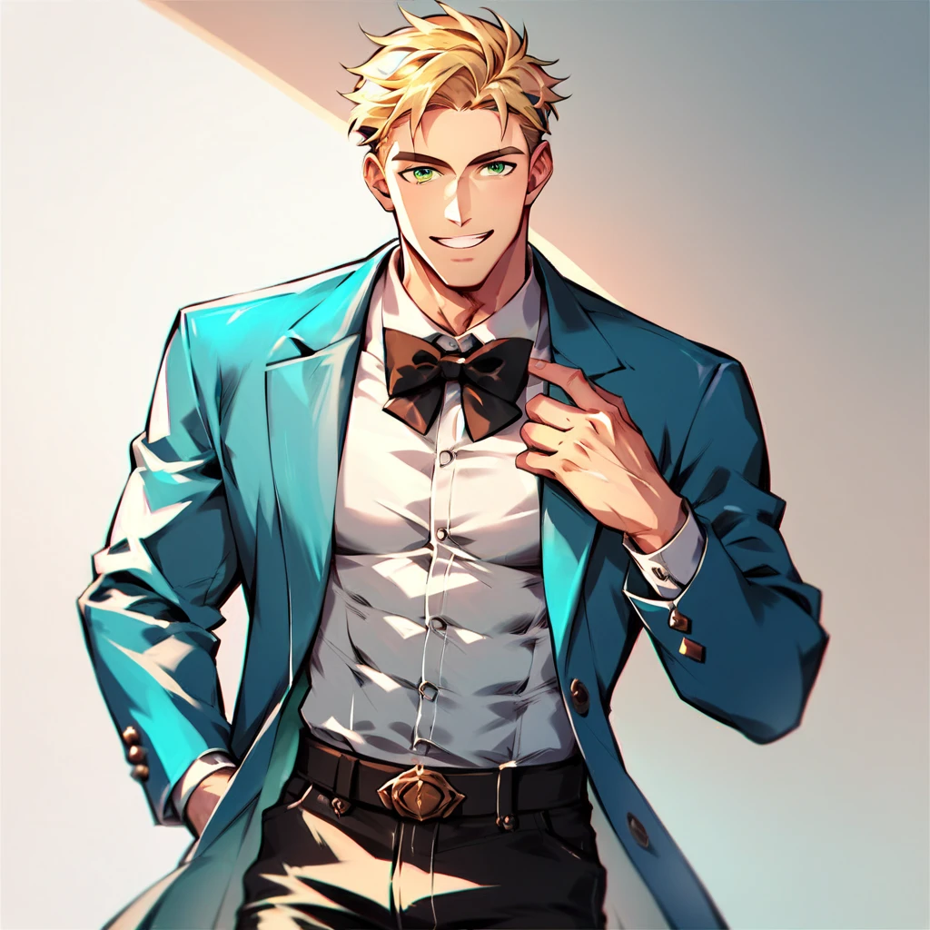 dapper large  muscular man with short, slick blonde hair and green eyes, looking smiling at the viewer, dressed in an elegant blue suit paired with a crisp white shirt and tailored black trousers, accented by a sleek gold bowtie.